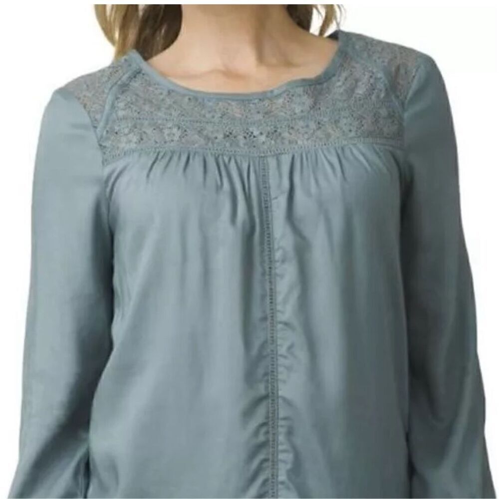 Prana Lace Yoke Long Sleeve Blouse in Dusty Blue
